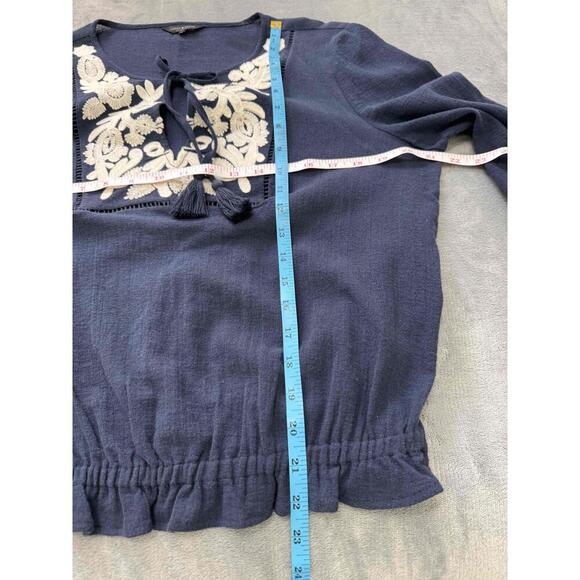 Lucky Brand Navy Blue Embroidered Tie Neck Tassel Bohemian Blouse‎ Womens Medium - Picture 8 of 8